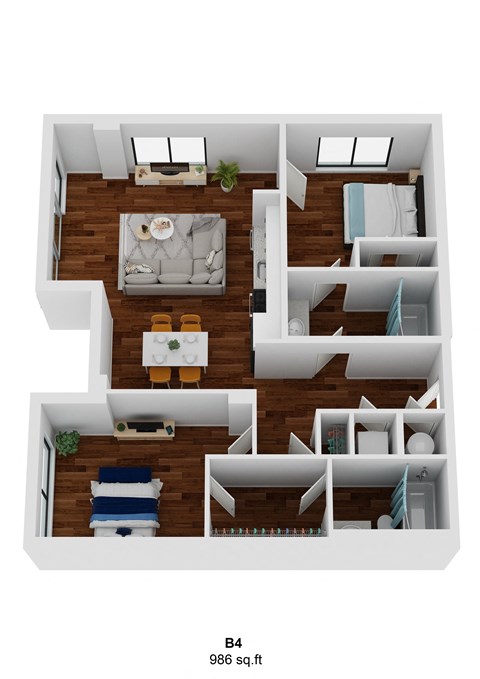 Floor plan for 2 beds, 2 baths, 1007 sqft